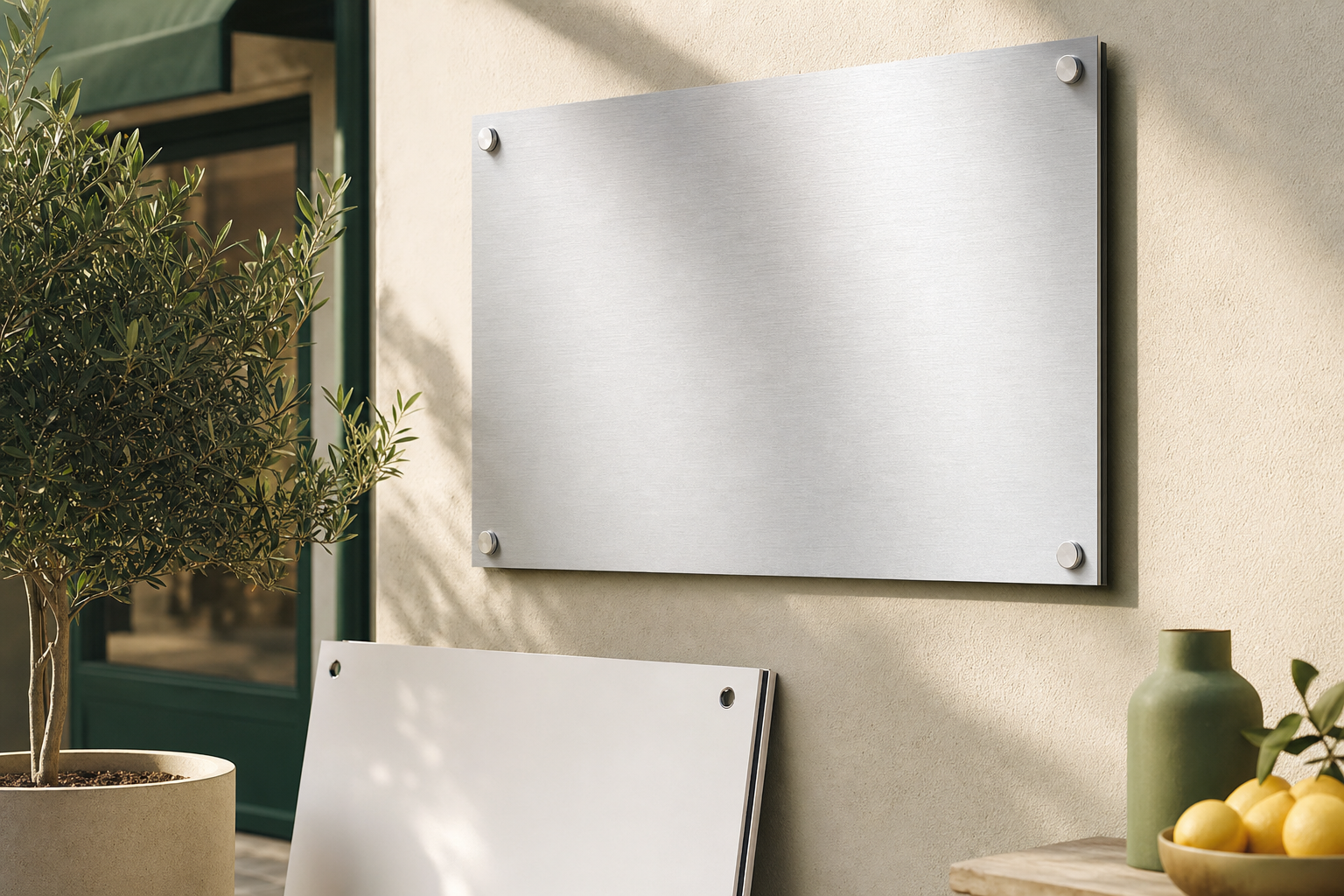 Enseigne rigide en panneau composite d'aluminium Alupanel fixée sur la façade d'un commerce