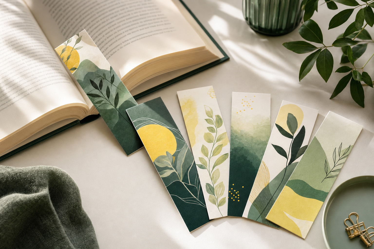 Signets imprimés en couleur disposés à côté d'un livre ouvert