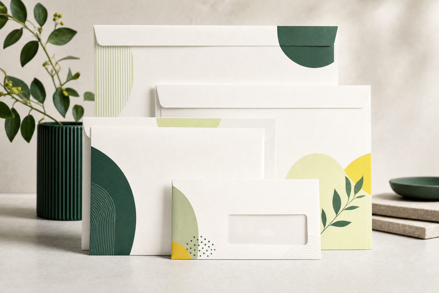 Enveloppes d'affaires personnalisées disposées avec soin sur un bureau