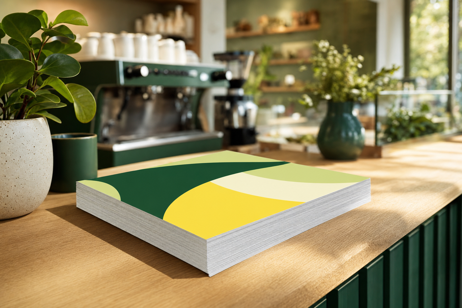 Pile de feuillets promotionnels colorés sur un comptoir de café en bois, sous une lumière naturelle douce