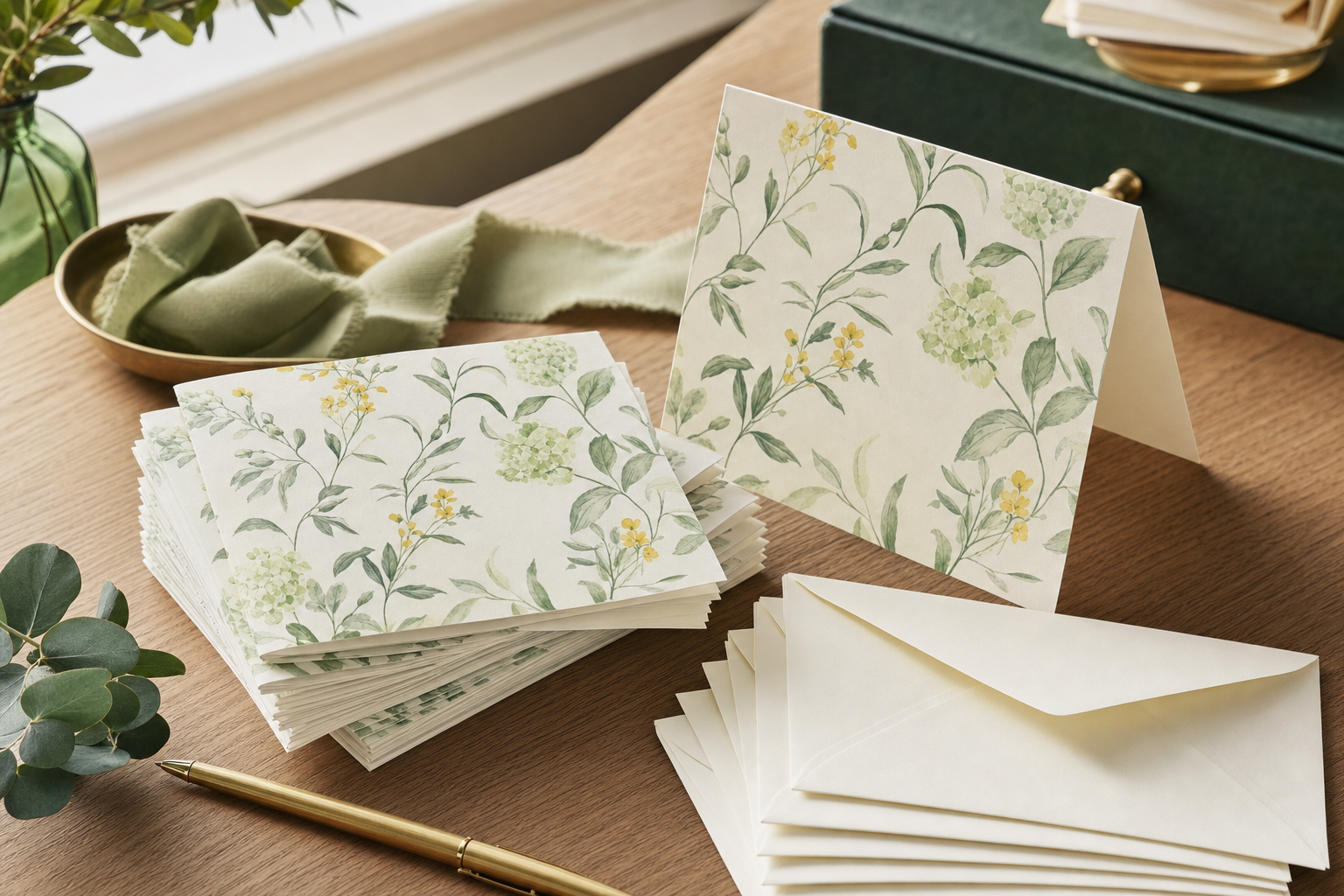 Pile de cartes de vœux pliées 5 x 7 po haut de gamme avec enveloppes sur un bureau en bois