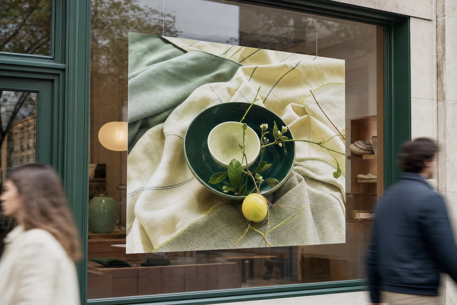 Affiche grand format imprimée installée dans la vitrine lumineuse d'un commerce