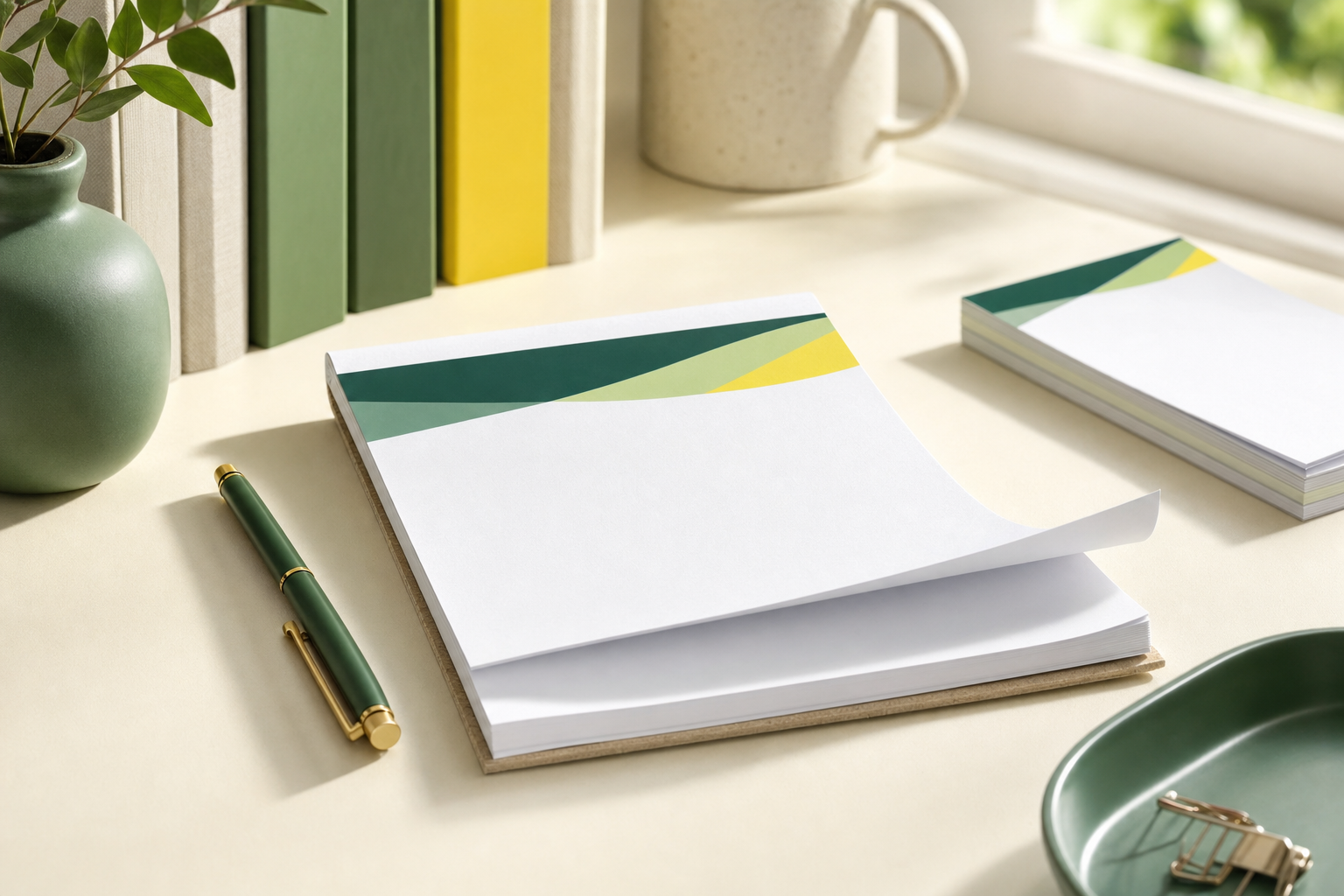 Bloc-notes personnalisé avec un stylo sur un bureau bien rangé
