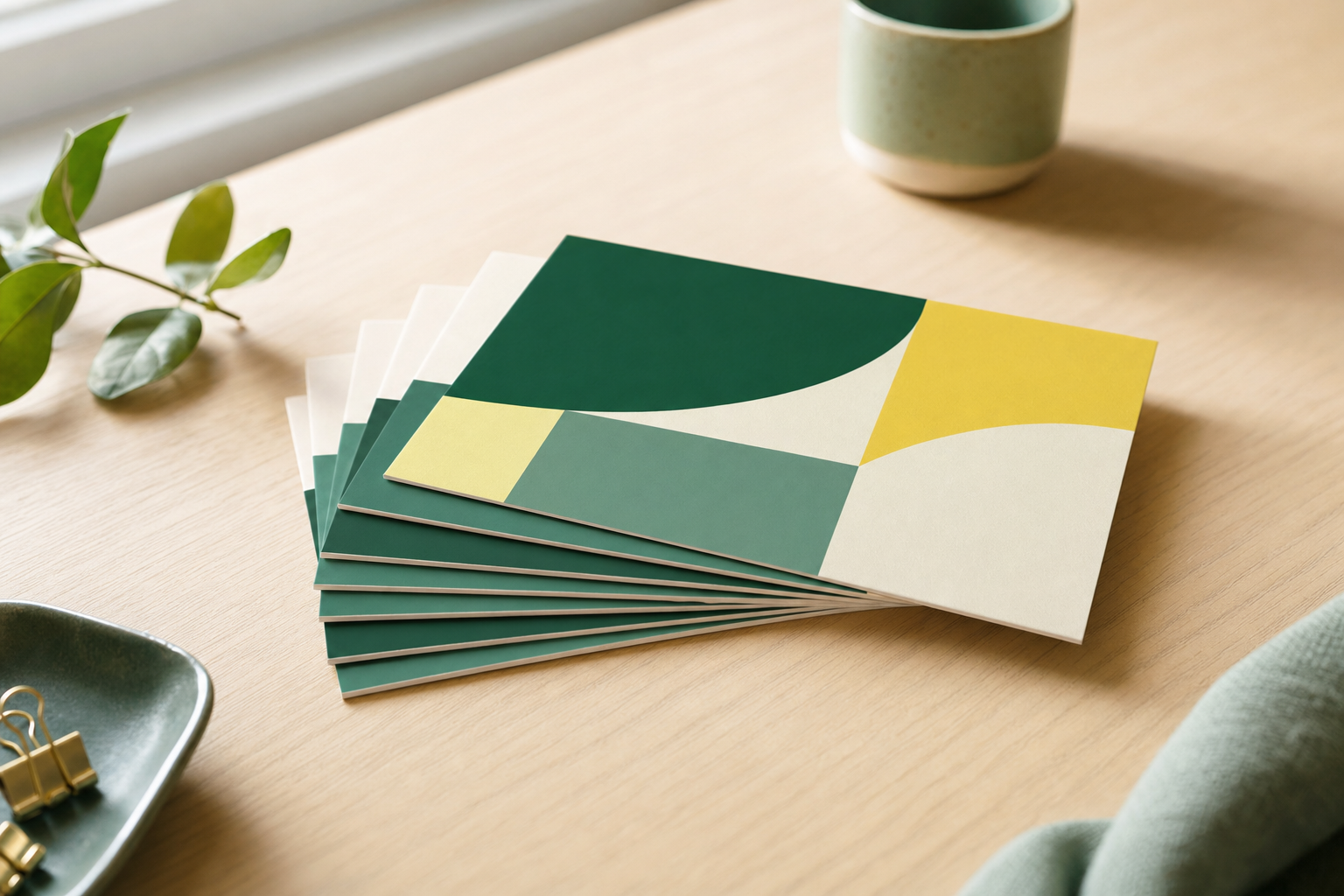 Pile de cartes postales imprimées en couleur disposées en éventail sur un bureau
