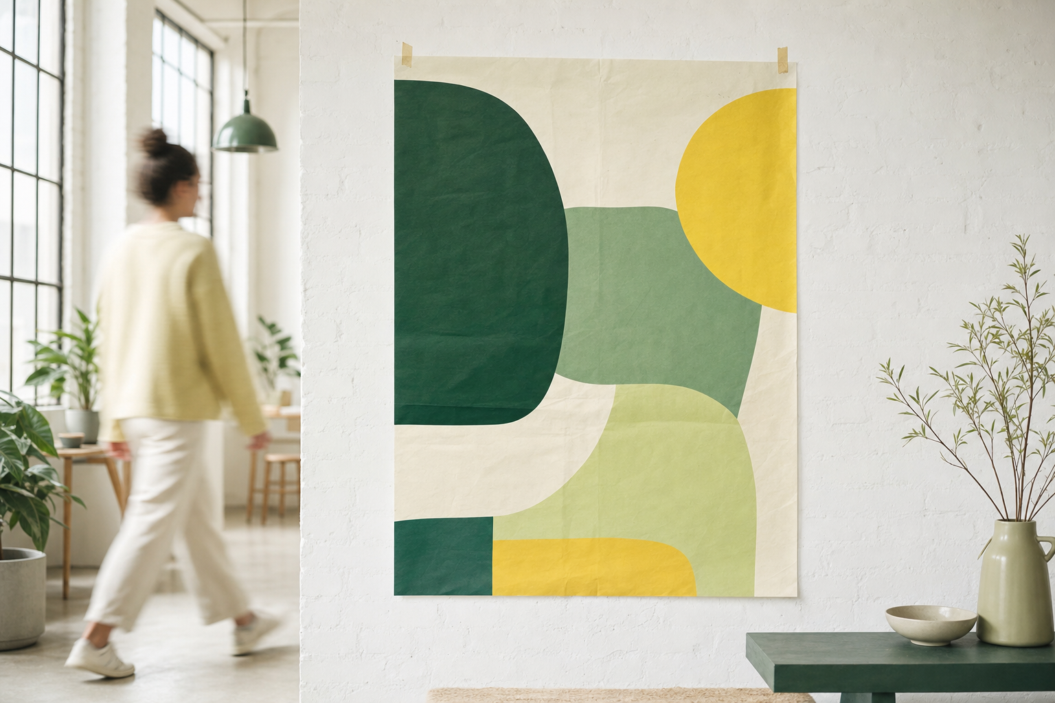 Grande affiche colorée exposée sur un mur de briques dans un studio moderne et lumineux