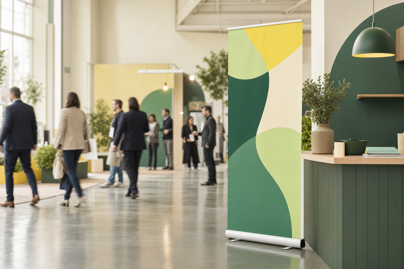 Bannière rétractable installée à côté d'un kiosque de salon professionnel