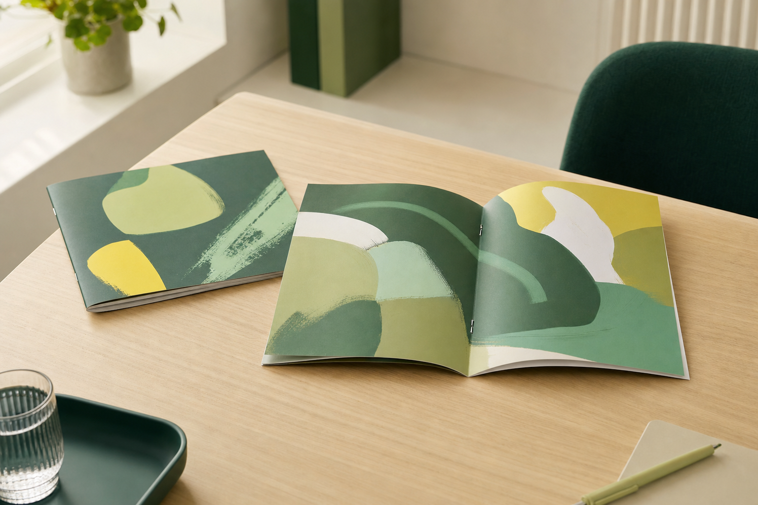 Livret broché à cheval à couverture colorée, ouvert sur un bureau moderne