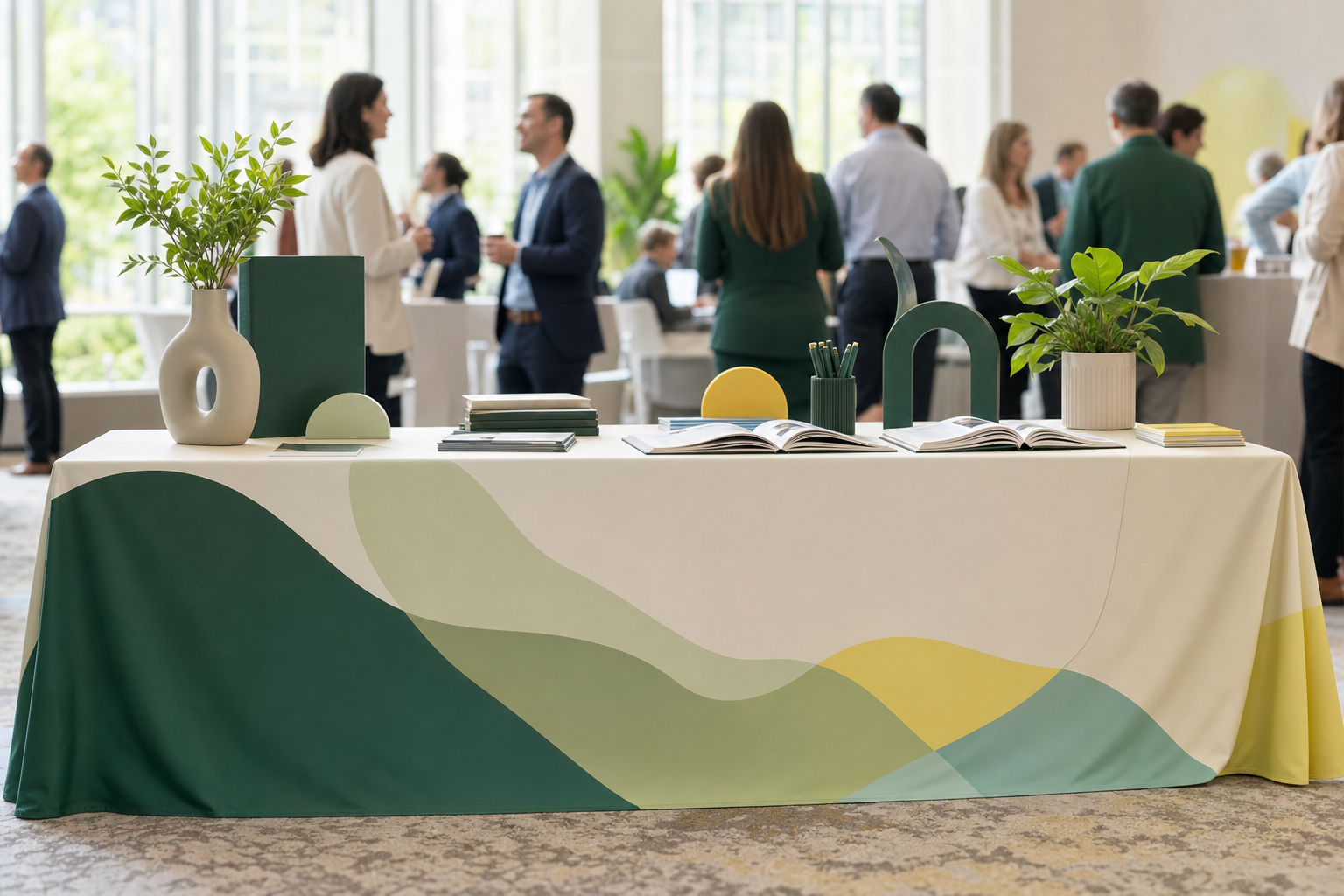 Nappe promotionnelle imprimée sur une table d'exposition dans un kiosque de salon