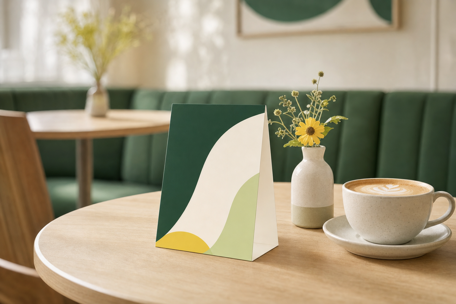 Carte-tente pliée debout sur une table de restaurant à côté d'une tasse de café