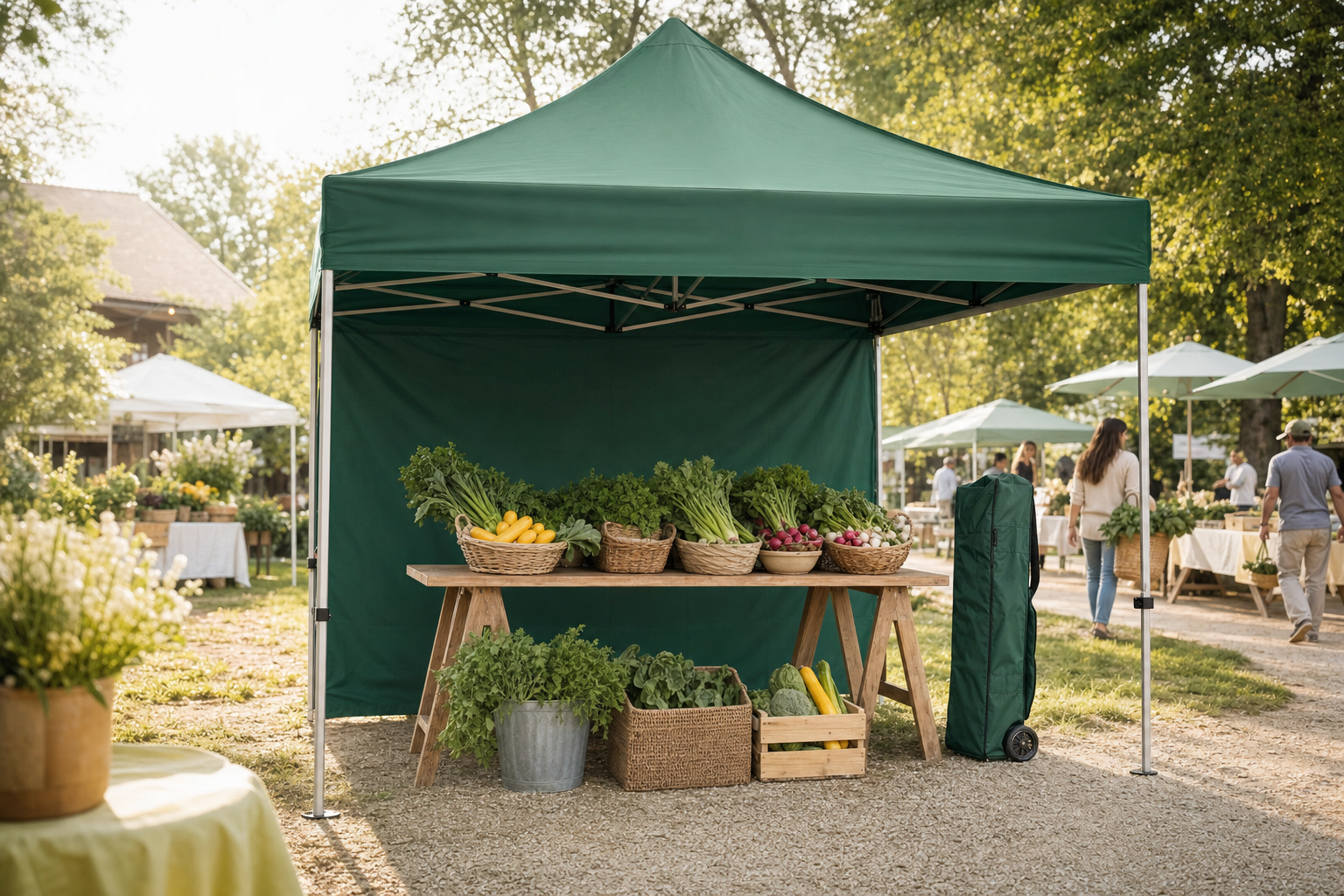 Tente promotionnelle 10 pi x 10 pi avec auvent imprimé en couleur installée dans un marché extérieur
