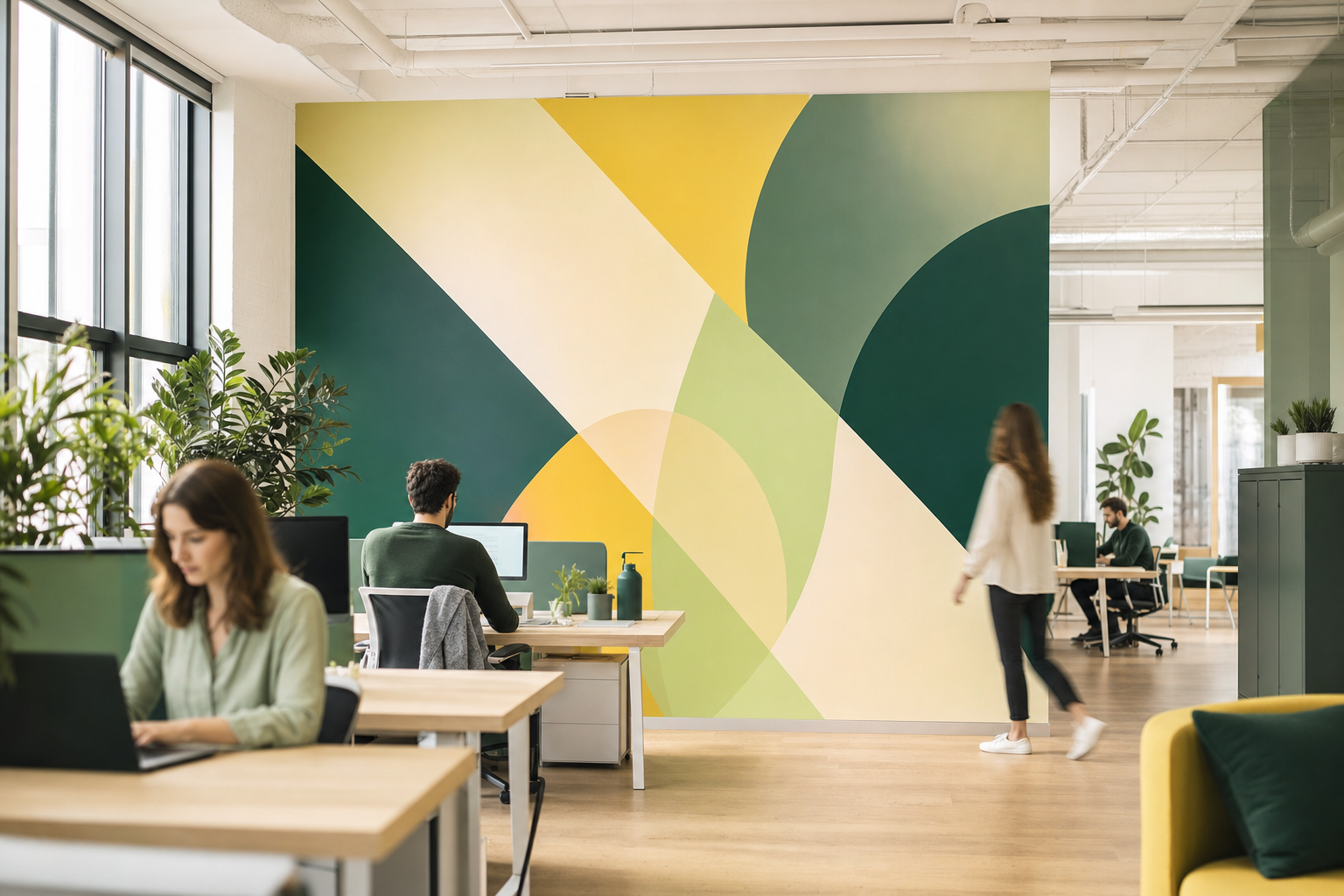 Grand visuel mural en vinyle adhésif installé dans un bureau moderne