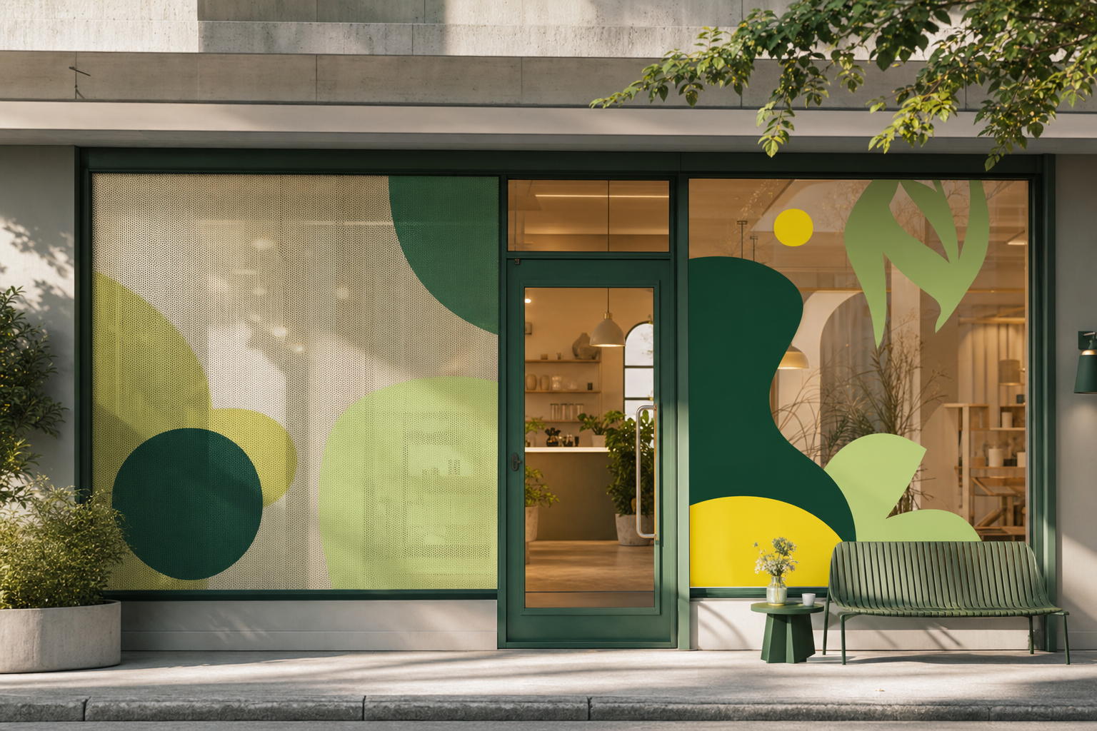 Graphiques colorés appliqués sur la vitrine vitrée d'un commerce